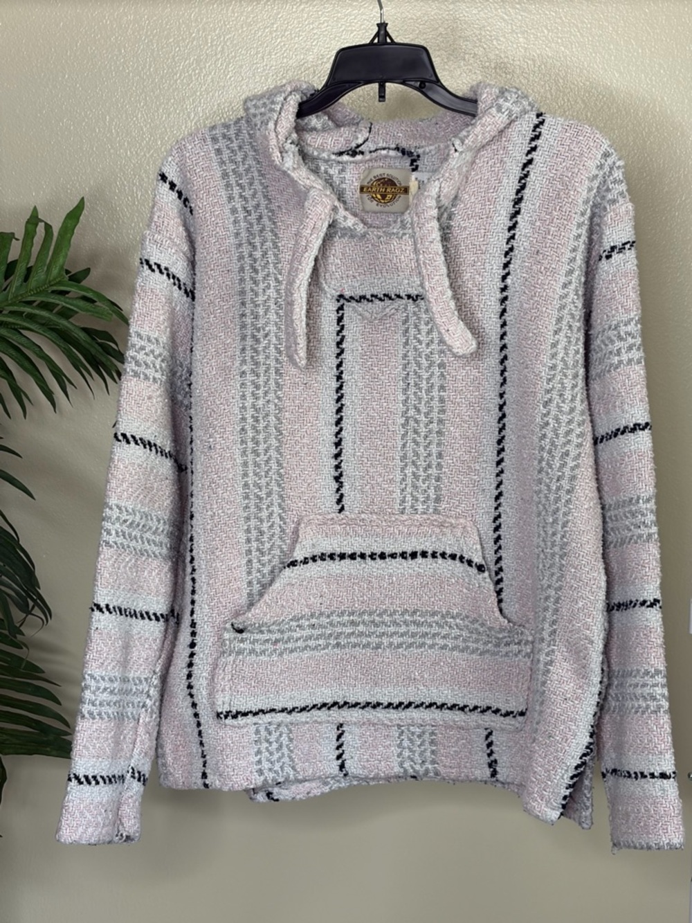 Earth Ragz Baja Hoodie Pink Gray Cream Striped Pullover Women’s Small